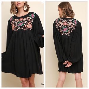 Black floral embroidered babydoll dress